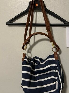 Striped Navy and White Shoulder Bag with Brown Handles